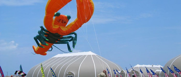 Giant lobster kite flying at the Wright Kite Festival.