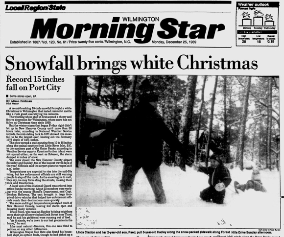 Headline from Wilmington, NC paper last time there was an Outer Banks white Christmas. Source, National Weather Service.