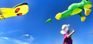 An octopus kite alongside a frog kite at a Kitty Hawk Kites kite festival