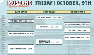 A schedule of events for the Mustang Music Festival