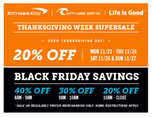 Kitty Hawk Kites, Kitty Hawk Surf Co and Life Is Good Thanksgiving Week Supersale