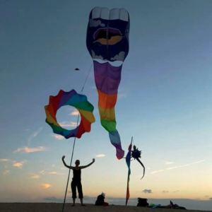 A feather banner, wind sock and kite bowl