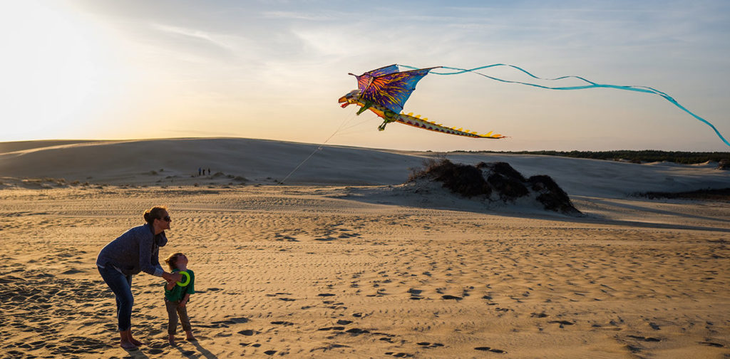 A mother teaching her daughter how to fly a kite