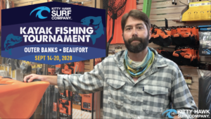 Kitty Hawk Surf Co manager, Brad, announces the Fall Kayak Fishing Tournament winners
