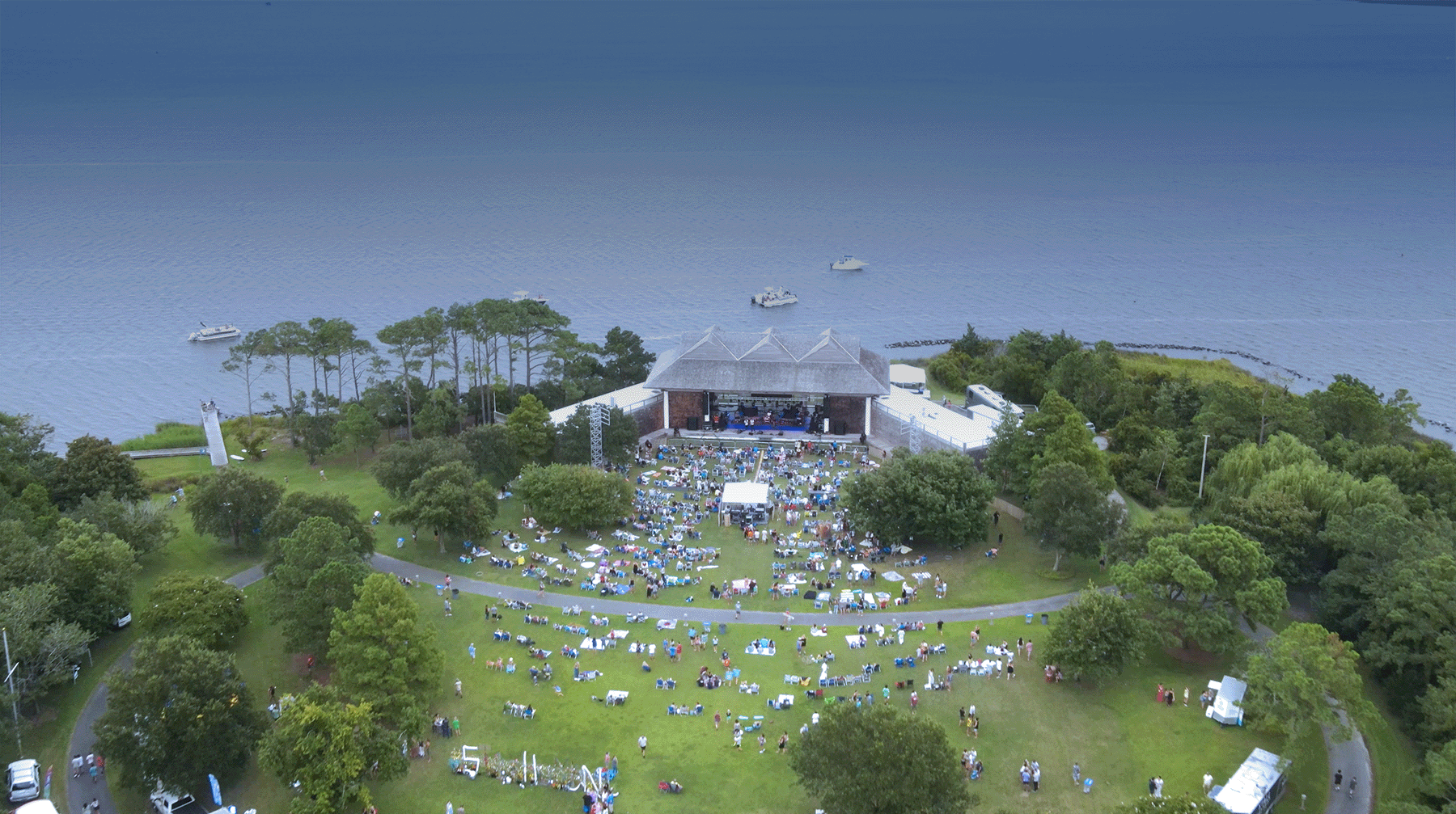 drone view of roanoke island festival park live music venue
